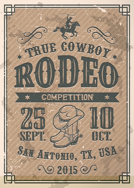 Cartel de rodeo de vaquero americano con tipografía y textura de papel vintage