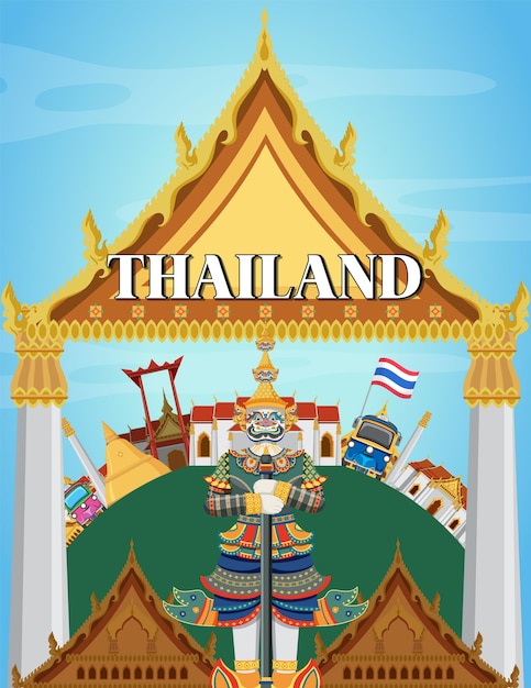 Cartel de la señal de Tailandia Bangkok con el gigante y el templo