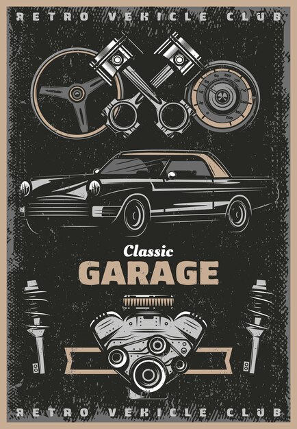 Cartel de servicio de garaje clásico de color vintage con amortiguadores de velocímetro de volante de pistones de motor de automóvil retro