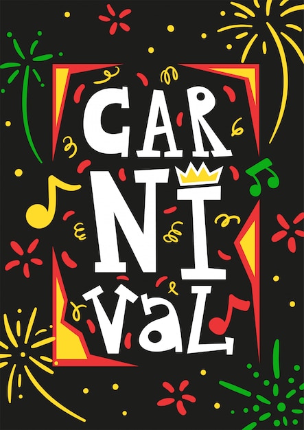 Cartel de la tarjeta de invitación del festival anual del carnaval de brasil con coloridos fuegos artificiales ilustración vectorial abstracto negro