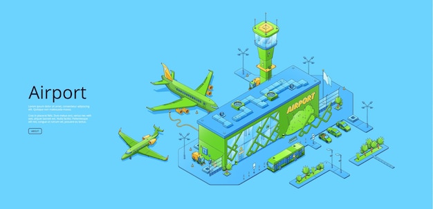 Cartel con terminal de aeropuerto isométrica y aviones.