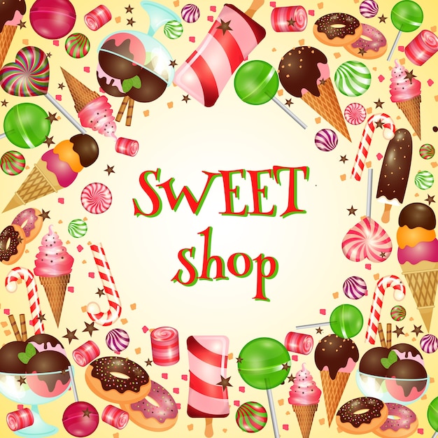 Vector gratuito cartel de tienda de dulces con caramelos y piruletas. helado, comida deliciosa,