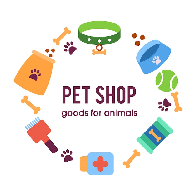 Vector gratuito cartel de la tienda de mascotas, perro con artículos para mascotas.