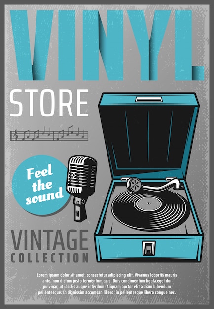 Vector gratuito cartel de tienda de música retro de color vintage con micrófono de tocadiscos de vinilo de inscripción y notas musicales