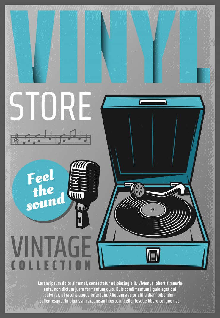 Vector gratuito cartel de tienda de música retro de color vintage con micrófono de tocadiscos de vinilo de inscripción y notas musicales