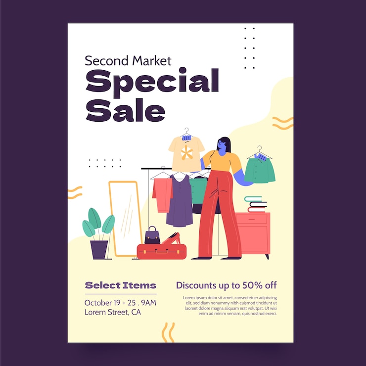 Vector gratuito cartel de tienda de segunda mano dibujado a mano