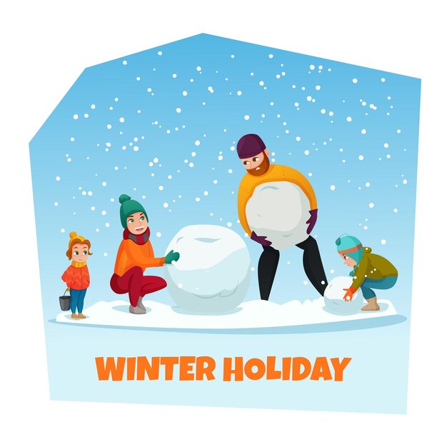 Cartel de vacaciones de invierno con muñeco de nieve y símbolos familiares ilustración vectorial plana