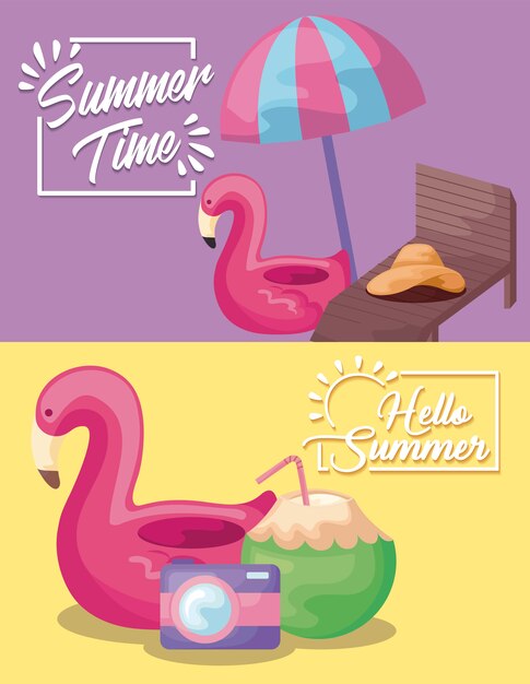 Cartel de vacaciones de verano con flotador flamenco y paraguas.