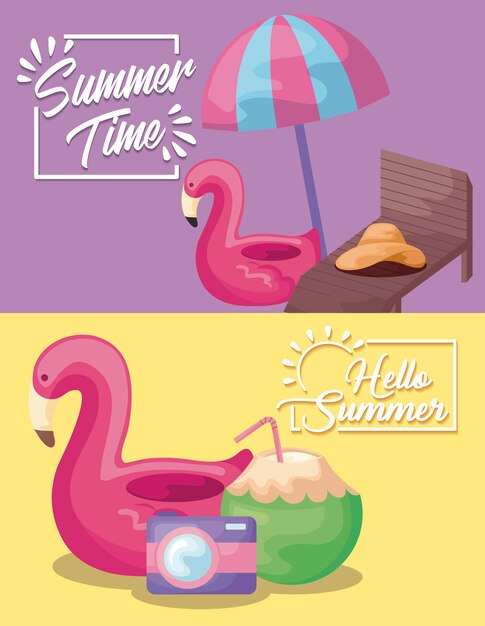 Cartel de vacaciones de verano con flotador flamenco y paraguas.