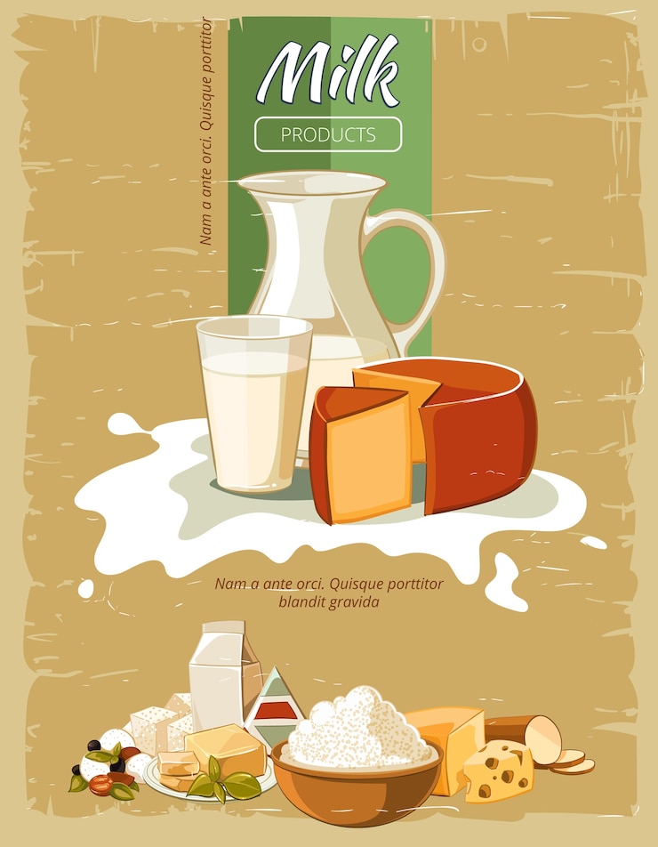 Vector gratuito cartel de vector vintage de productos lácteos. queso fresco natural orgánico, nutrición para la ilustración del desayuno