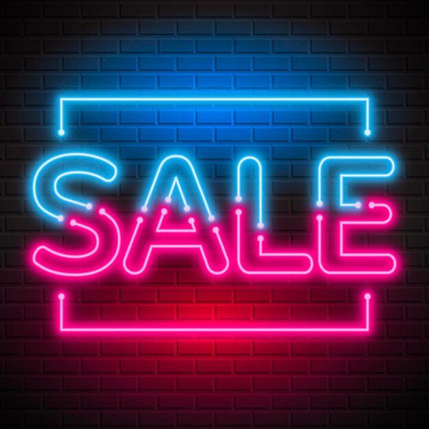 Cartel de venta de neón azul y rosa