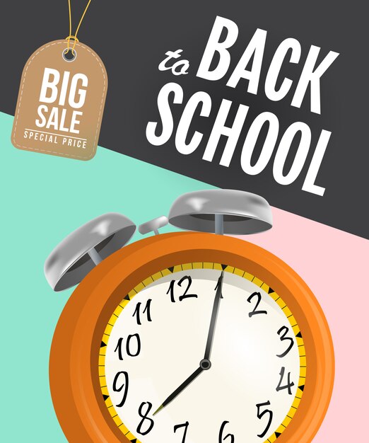 Cartel de venta de regreso a la escuela con reloj de alarma y etiqueta