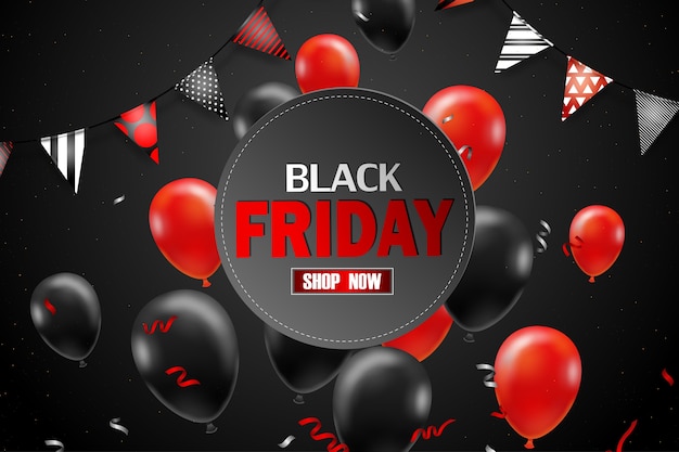 Vector gratuito cartel de venta de viernes negro con globos negros para el estilo de promoción de venta minorista, compras o viernes negro