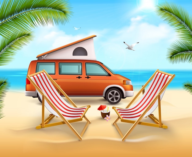 Cartel de verano de color para acampar con vehículo realista en la playa soleada cerca del océano