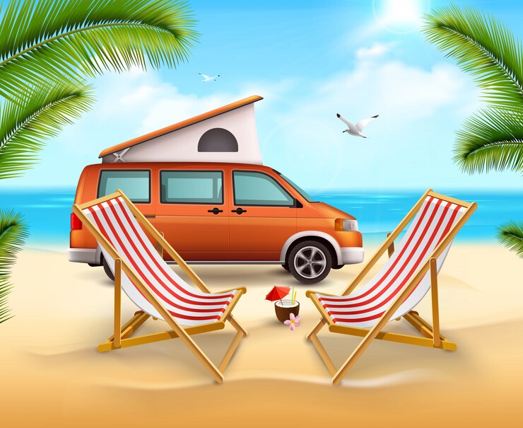 Vector gratuito cartel de verano de color para acampar con vehículo realista en la playa soleada cerca del océano