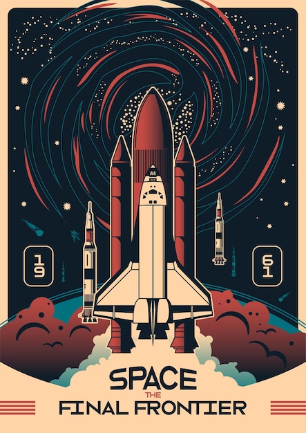 Cartel vertical espacial con cohetes en el fondo del cielo estrellado nocturno y texto de fecha de 1961