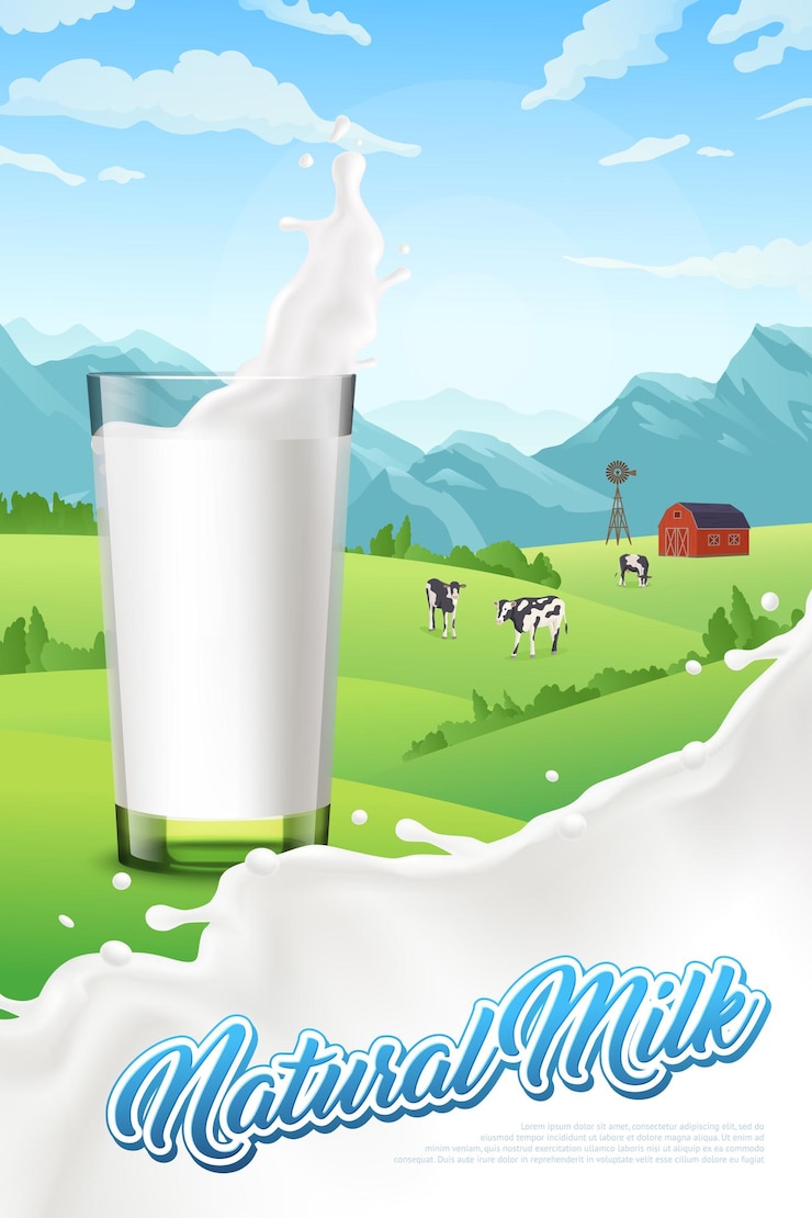 Vector gratuito cartel vertical con vaso de leche y granja.