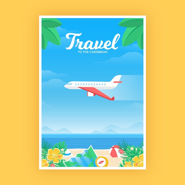 Cartel de viaje con avión sobre la playa