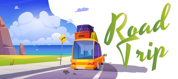 Cartel de viaje por carretera con coche en carretera a la playa del mar banner vectorial de viaje vacaciones de verano y viaje con ilustración de dibujos animados del paisaje de la costa del océano con carretera de montaña y auto con equipaje