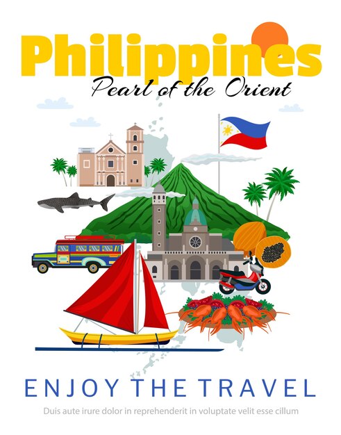 Cartel de viaje a filipinas con bandera nacional y puntos de referencia.