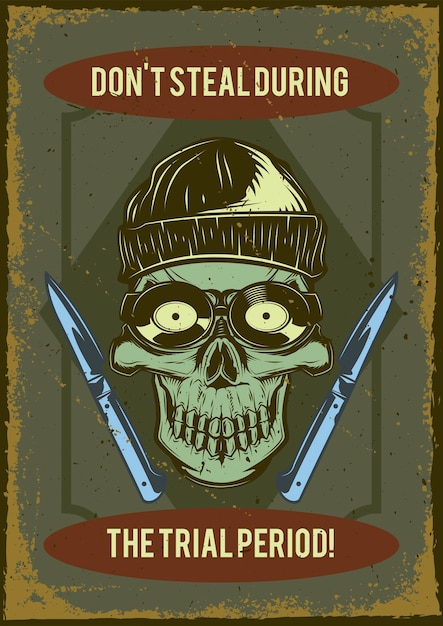 Cartel vintage con ilustración de la calavera de un ladrón con ganzúas