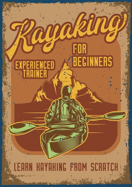 Vector gratuito cartel vintage con ilustración de un hombre en kayak