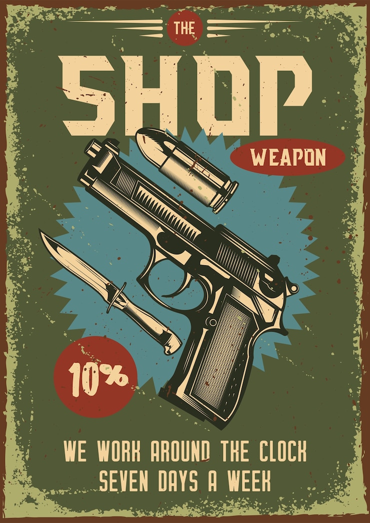 Vector gratuito cartel vintage con ilustración de una pistola y sus partes