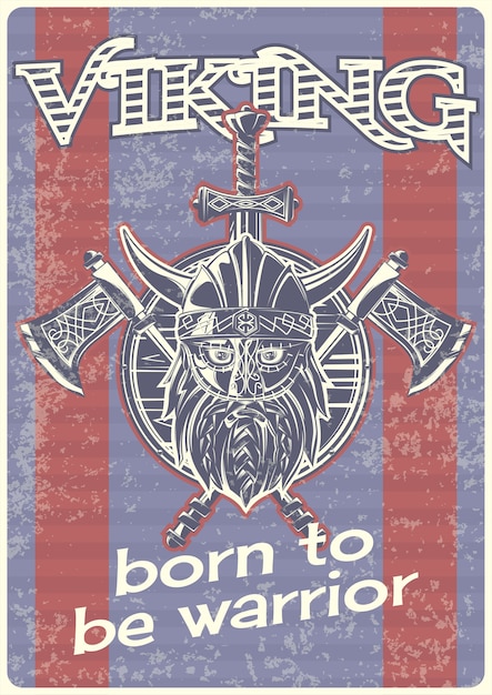 Vector gratuito cartel vintage con ilustración de un vikingo con hachas y un escudo