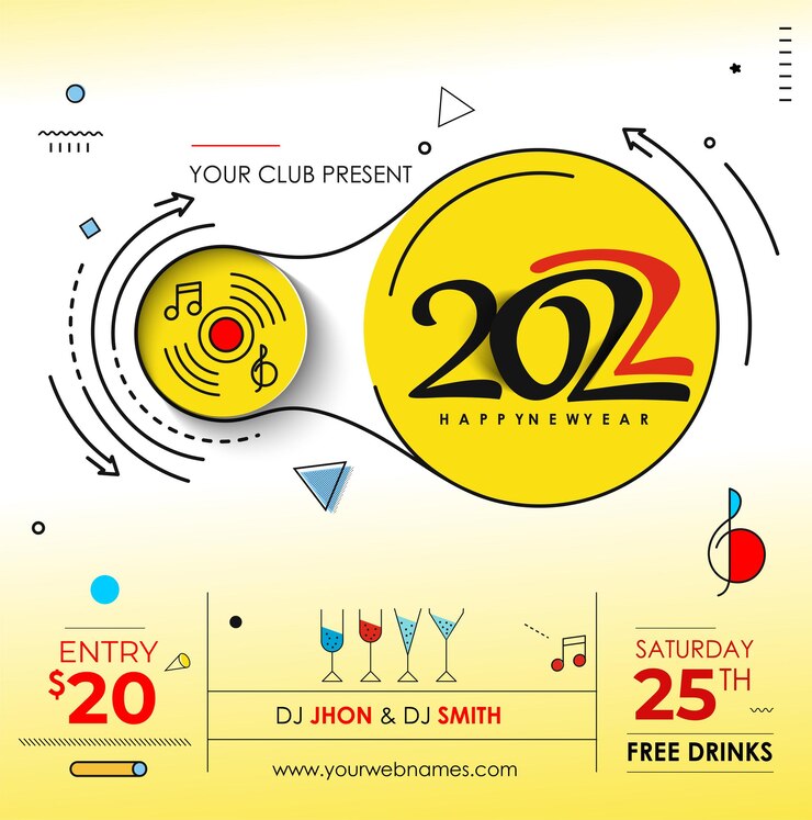 Vector gratuito cartel de volante de evento de fiesta de música navideña de año nuevo para 2022