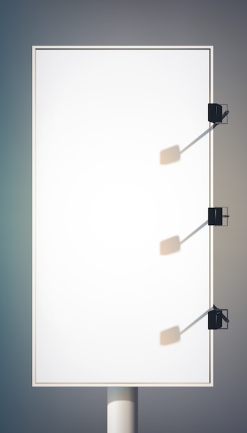 Vector gratuito cartelera vertical de publicidad en blanco en columna con focos y marco metálico aislado