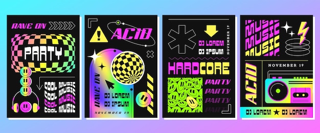 Vector gratuito carteles de ácido rave con formas geométricas abstractas sonrisas y marco de arco iris