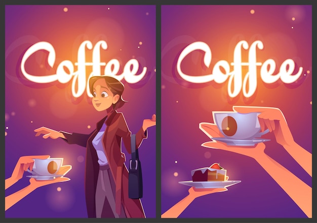 Vector gratuito carteles de anuncios de dibujos animados de café, mujer toma una taza de bebida