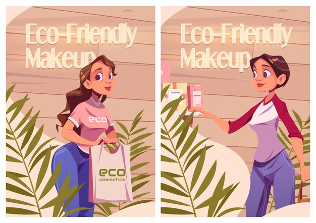 Carteles de anuncios de dibujos animados de cosméticos ecológicos. Las mujeres en la tienda de belleza eligen la producción de maquillaje o cuidado de la piel, niña sosteniendo una bolsa con maquillaje en la tienda con productos cosméticos en los estantes, ilustración vectorial