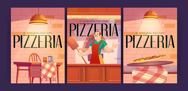 Vector gratuito carteles de anuncios de pizzería con panadero con pala de pizza