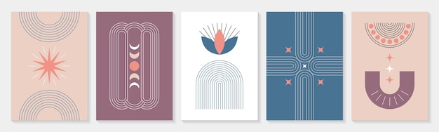 Carteles de arco boho zen con formas geométricas lineales abstractas y figuras simples