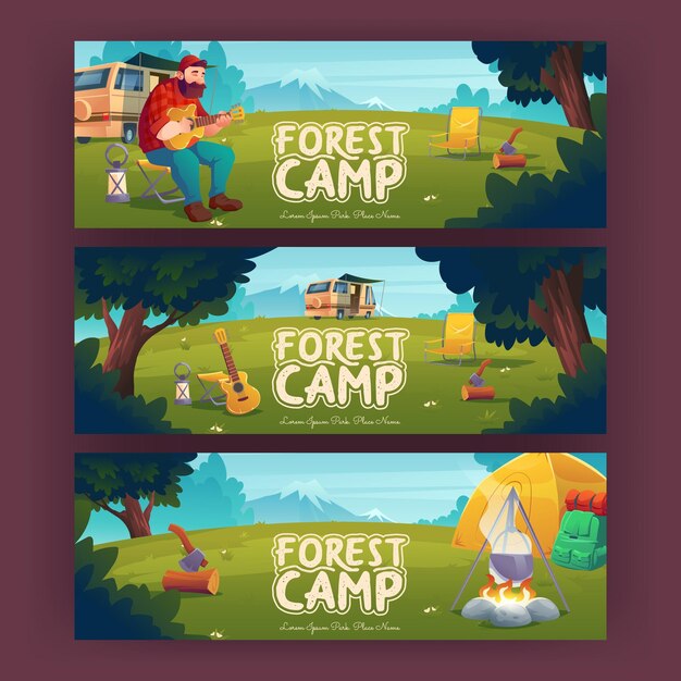 Carteles de campamento forestal con hoguera de carpa y hombre.