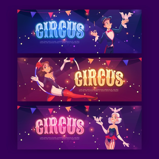 Carteles de circo con gimnasta aérea mago
