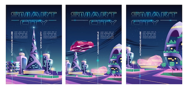 Carteles de ciudad inteligente con ciudad nocturna con rascacielos, edificios futuristas y automóviles.