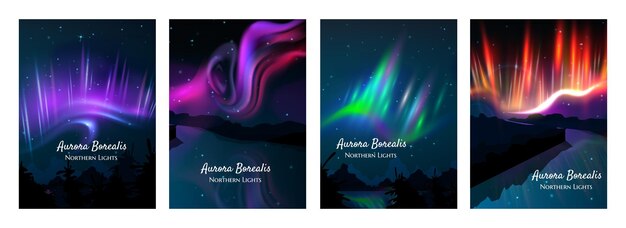 Carteles coloridos realistas de auroras boreales con ilustraciones vectoriales aisladas de luminiscencia verde y naranja púrpura