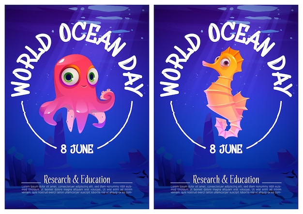 Carteles del día mundial del océano con animales submarinos.