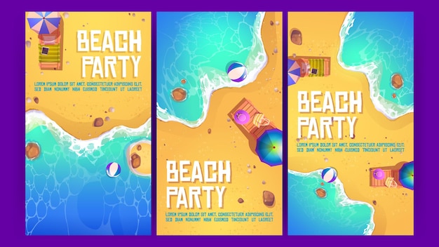 Carteles de dibujos animados de fiesta en la playa vista superior de la playa del océano