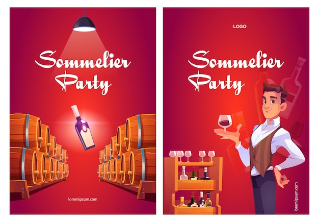 Vector gratuito carteles de dibujos animados de fiesta de sommelier con hombre en tienda de vinos con copa de vino