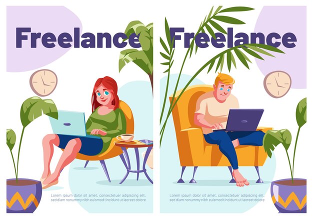 Carteles de dibujos animados independientes freelancers relajados