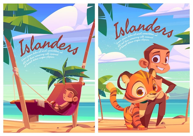 Vector gratuito carteles de dibujos animados de los isleños con monos y cachorros de tigre divertidos animales salvajes habitantes de la isla depredador un ...