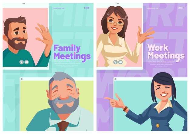Carteles de dibujos animados de reuniones familiares o laborales en línea.