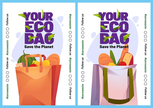 Vector gratuito carteles de dibujos animados de su bolsa ecológica o pantallas móviles