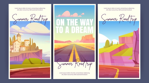 Carteles de dibujos animados de viaje de verano carretera que se adentra en la distancia en el paisaje desértico paisaje mediterráneo con casas en un acantilado rocoso sobre el mar way to dream tour vector aplicación móvil a bordo páginas