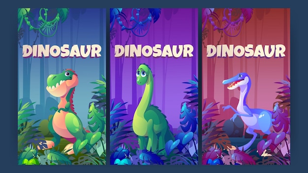 Vector gratuito carteles con dinosaurios en la jungla prehistórica cute baby diplodocus tyrannosaurus rex y velociraptor personajes vector banners con divertido raptor y herbívoro dino en el bosque