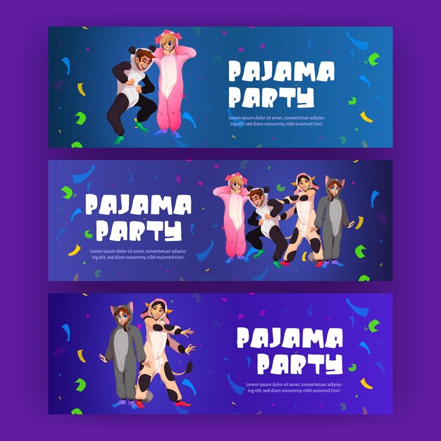 Carteles de fiesta de pijamas con gente feliz en baile kigurumi por la noche Folletos de invitación de vector con ilustración de dibujos animados de fiesta de pijamas con personajes en pijamas divertidos y confeti
