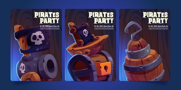 Vector gratuito carteles de fiesta pirata con cofre del tesoro de madera